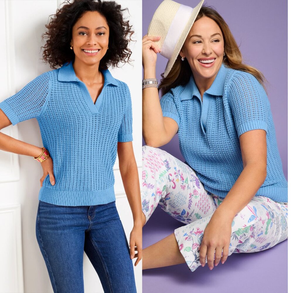 Talbots Pointelle Stitch Open Knit Polo Sweater in Blue Size XLp